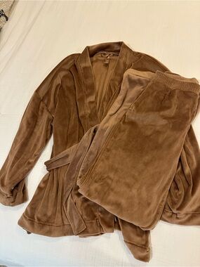 Women's Skims Brown Velour Robe Jacket & Pants Lounge Set